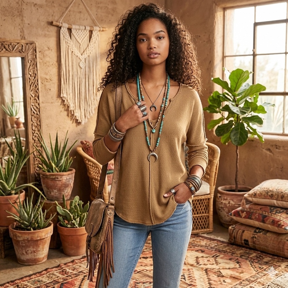 We The Free by Free People Raw Edge Thermal V-Neck Long Sleeve Top‎